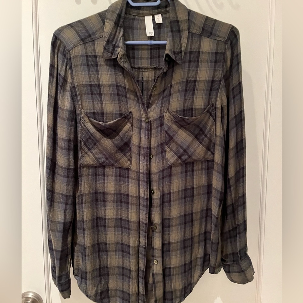 Urban Outfitters UBP Checkered Button Down Shirt in Khaki Green, Blue and Brown